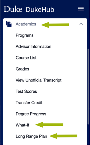 Duke Hub screenshot highlighting sections to complete