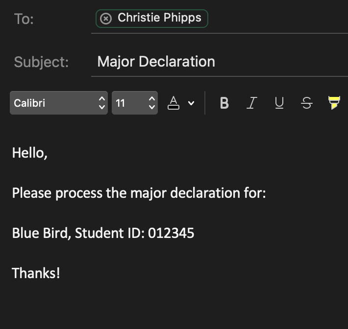 Example of email to Phipps regarding Major Declaration
