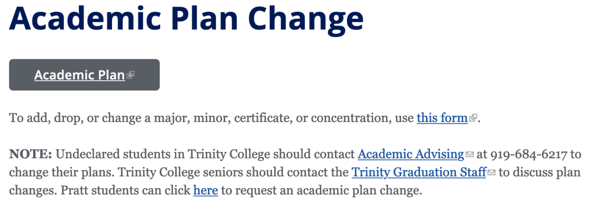Text from Registrars site showing Academic Plan Change