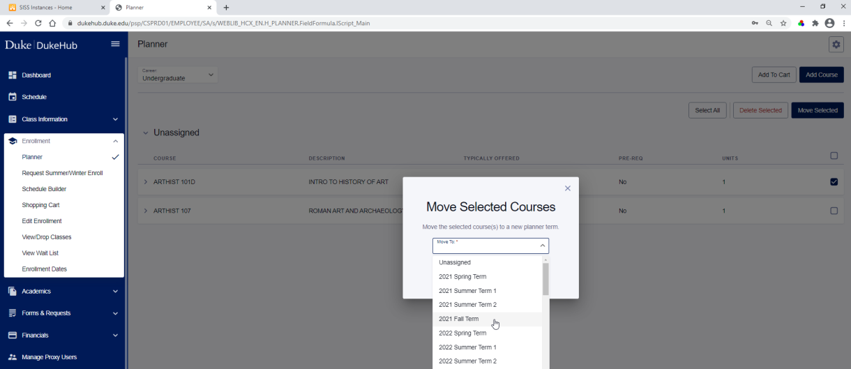 Screenshot showing editing where using is moving selected courses